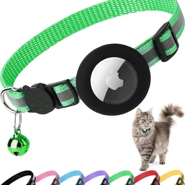 Airtag Cat Collar Breakaway, Reflective Kitten Collar with Apple Air Tag Holder and Bell for Girl Boy Cats, 0.4 Inches in Width and Lightweight(Green)