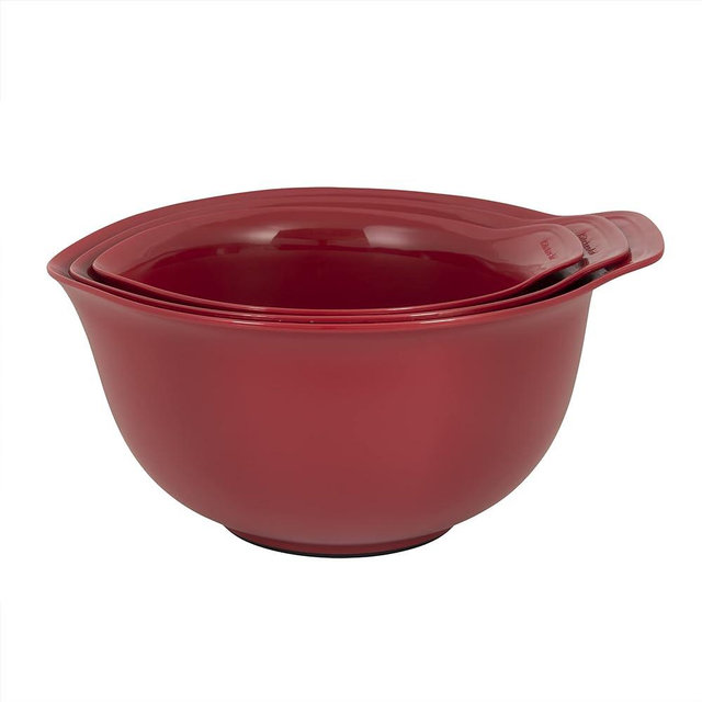KitchenAid Universal Nesting Plastic Mixing Bowls, 2.5 quart, 3.5 quart, 4.5 quart, Non Slip Base with Easy Pour Spout to Reduce Mess, Dishwasher Safe, Set Of 3, Empire Red