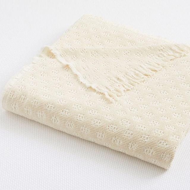 Ivory Jacquard Waffle Knit Fringe Blanket, Full/Queen