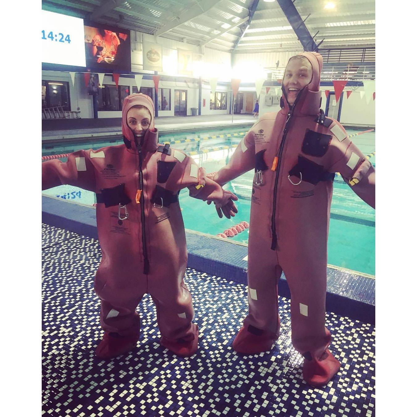 During our crew training for Viking Ocean Cruises, we did flotation exercises with "Gumby" suits. They didn't have any child sized suits for Sarah...