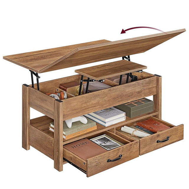 VASAGLE Coffee Table Lift Top, 3 in 1 Center Table with Storage, Gas Spring, 2 Drawers and 3 Hidden Compartments, Open Shelf, for Living Room, Home Office, Honey Brown ULCT254K01