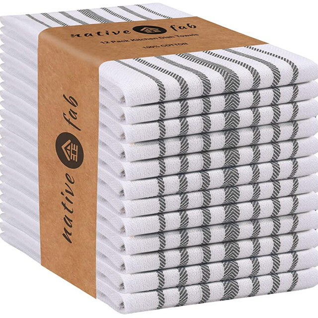Native Fab 12 Pack Scandia Stripe Kitchen Dish Towels Cotton Absorbent Durable Washable 14x25 - Tea Towels, Dish Cloths, Restaurant Cleaning Towels, Kitchen Towels with Hanging Loop, Grey White