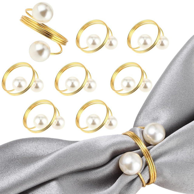Mabor Gold Napkin Rings Set of 8, Table Napkin Rings Double Pearl Napkin Ring Holder Metal Spiral Napkin Rings for Dinner Holidays Wedding Table Party Birthday Dining Decorations