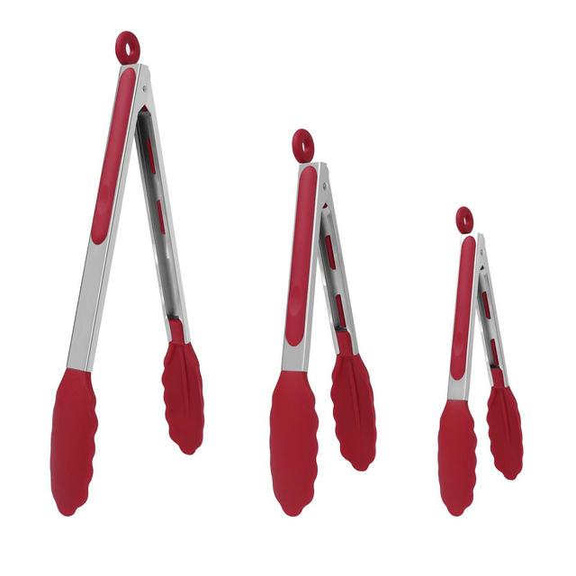 Unique Bargains Kitchen Stainless Steel Cooking Set Silicone Tongs Burgundy 7"&9"&12" 3 Pcs