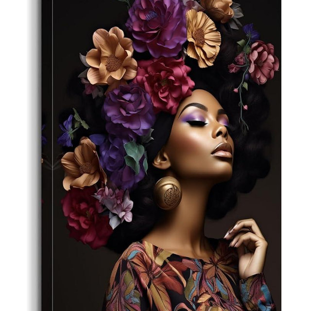 GLOKAKA African American Women Canvas Wall Art Black Woman with Flower Head Modern Portrait Artwork Beauty Abstract Girl Painting for Bedroom Living Room Wall Decor