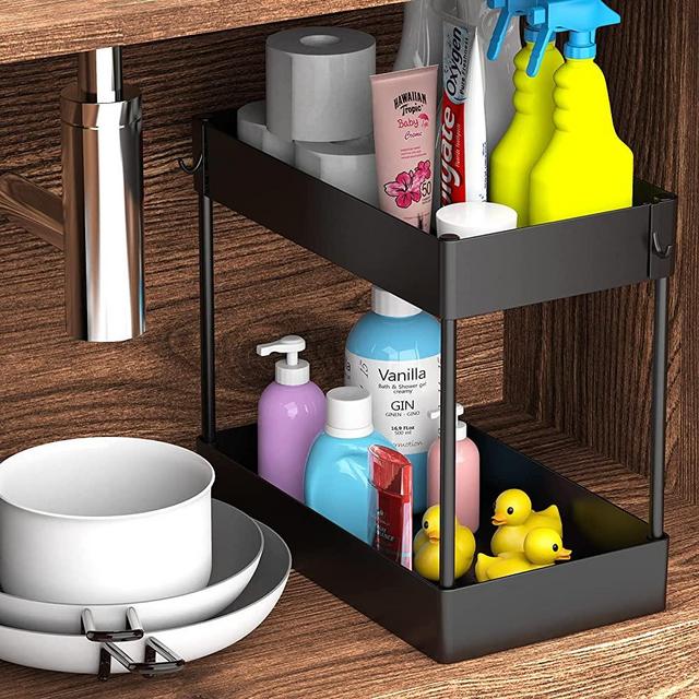 Under Sink Organizer, Under Bathroom Sink Storage 2 Tier Organizer Bath Collection Baskets with Hooks, Black Under Sink Shelf Organizer Rack, Multi-purpose Under Sink Storage for Bathroom Kitchen