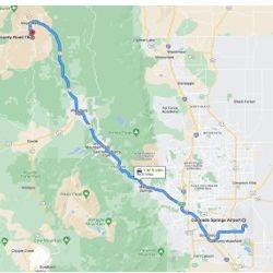From Colorado Springs International Airport the best route to take is I-25 N to US-24 W until you reach Woodland Park. Then you head North on CO-67 until you take a left on Abbey Ave. The last two miles from CO-67 to the Ranch is dirt. This route is mostly paved and consistently plowed with easy year round access. Drive Time: Approx. 1 hour 6 minutes