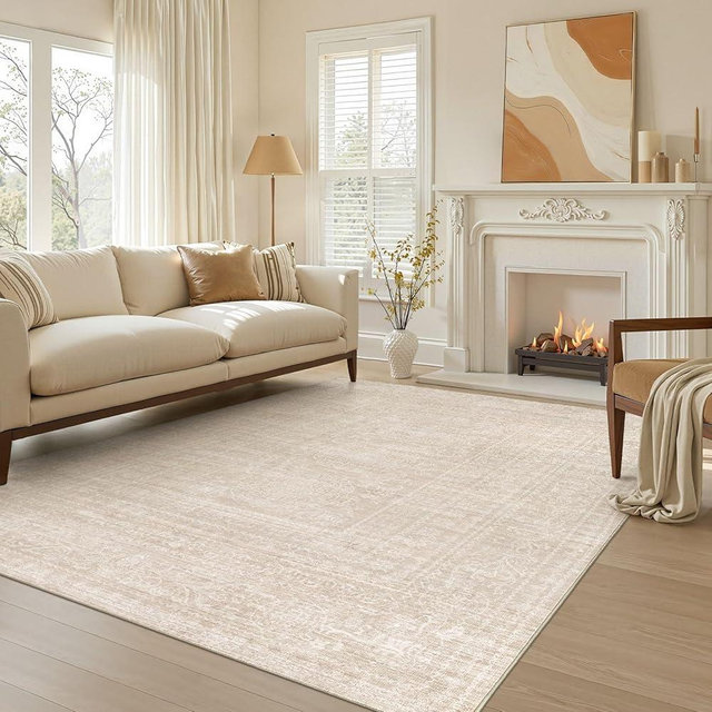 6x8 Area Rug Living Room: Washable Large Vintage Beige Rug Neutral Non-Slip Soft Stain Resistant Indoor Carpet for Bedroom Nursery Dining Room Under Table Bed Home House Office Playroom