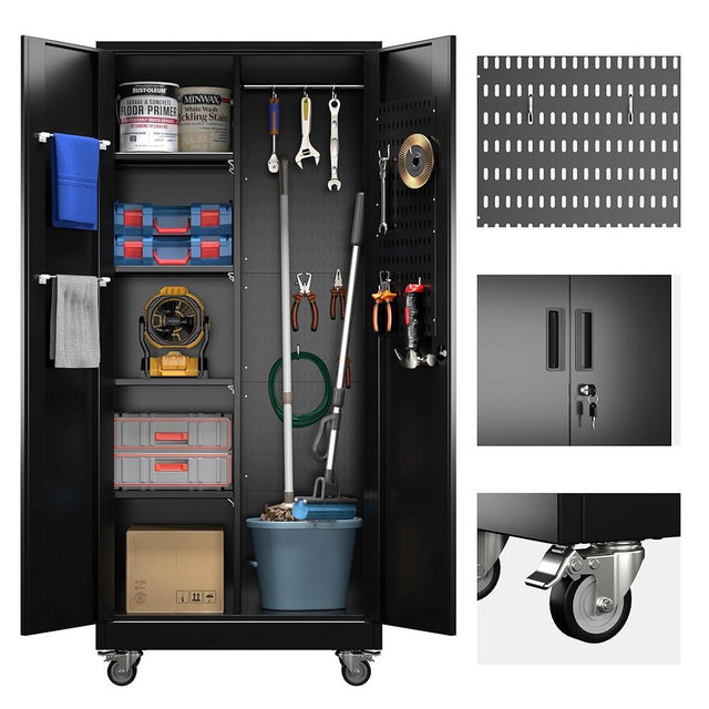 GangMei Garage Closet Storage Cabinet with Wheels and 5 Pegboard, 71" H Metal Cabinets with 2 Locking Doors and 4 Shelves, Broom Closet Storage Cabinet with Hanging Rod and 13 Hooks, Black