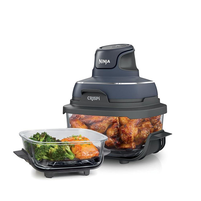 Ninja Crispi Air Fryer, Microwave, Freezer & Dishwasher Safe, Non Toxic Glass Portable Cooking System, 4 QT & 6 Cup Glass Containers with Storage Lids, Easy Meals, Air Fry, Bake, Grey (Renewed)