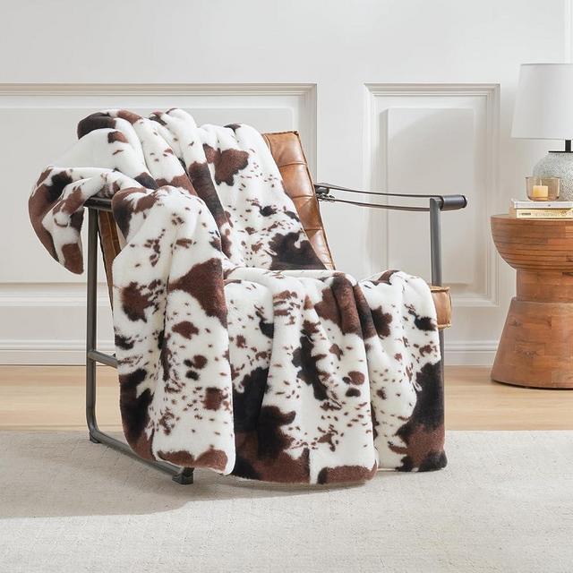 Cozy Bliss Cow Print Faux Fur Throw Blanket, Animal Printed Blankets Super Soft Warm Thick Fluffy Throws Home Decor for Couch Bed Sofa Women (Black&Coffee Cow, 50x60 Inches)