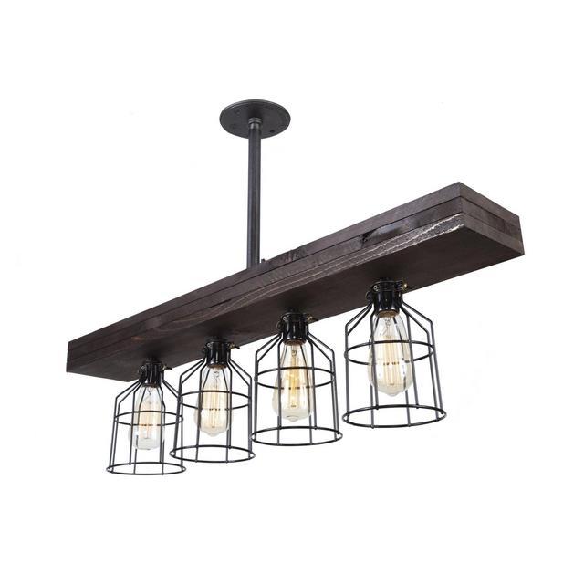 West Ninth Vintage Fayette Triple Wood Light | Vintage Stained Rustic Indoor Downlight Farmhouse Chandelier | Dark | Black Cages