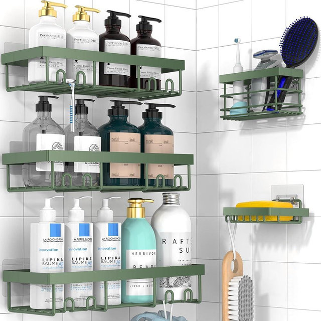 Moforoco Sage Green 5 Pack Shower Caddy Shelf Organizers Rack, Self Adhesive Black Bathroom Storage Organization, Home Kitchen No Drilling Inside Decor Rv Accessories, First Apartment Essentials