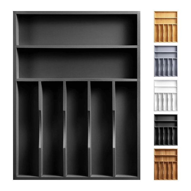 oridom Kitchen Bamboo Silverware Organizer, Kitchen Drawer Organizer - Utensil Holder and Cutlery Tray with Grooved Drawer Dividers for Flatware 7 Slot, Black