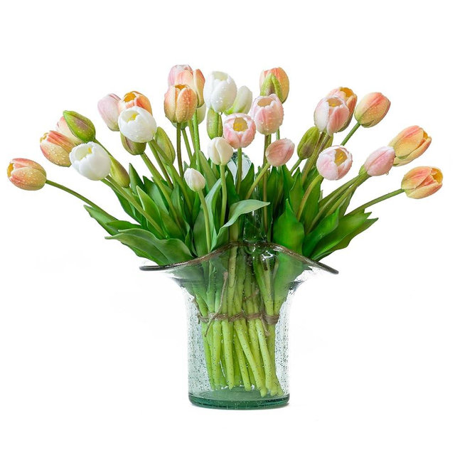 DUYONE 40pcs Artificial Tulips Flowers, Real Touch Latex Bouquet, Fake Tulips for Office Wedding Party Home Kitchen Garden Decoration-B Champagne