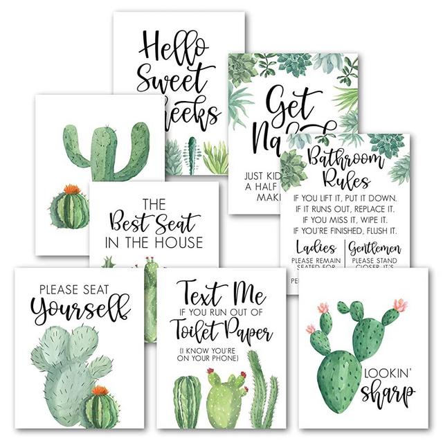 6 Reversible Funny Bathroom Signs Decor Funny Bathroom Wall Art 8x10 - Cactus Bathroom Decor Wall Art Funny Bath Decor, Bathroom Rules Wall Decor Bathroom, Please Seat Yourself Bathroom Sign Funny