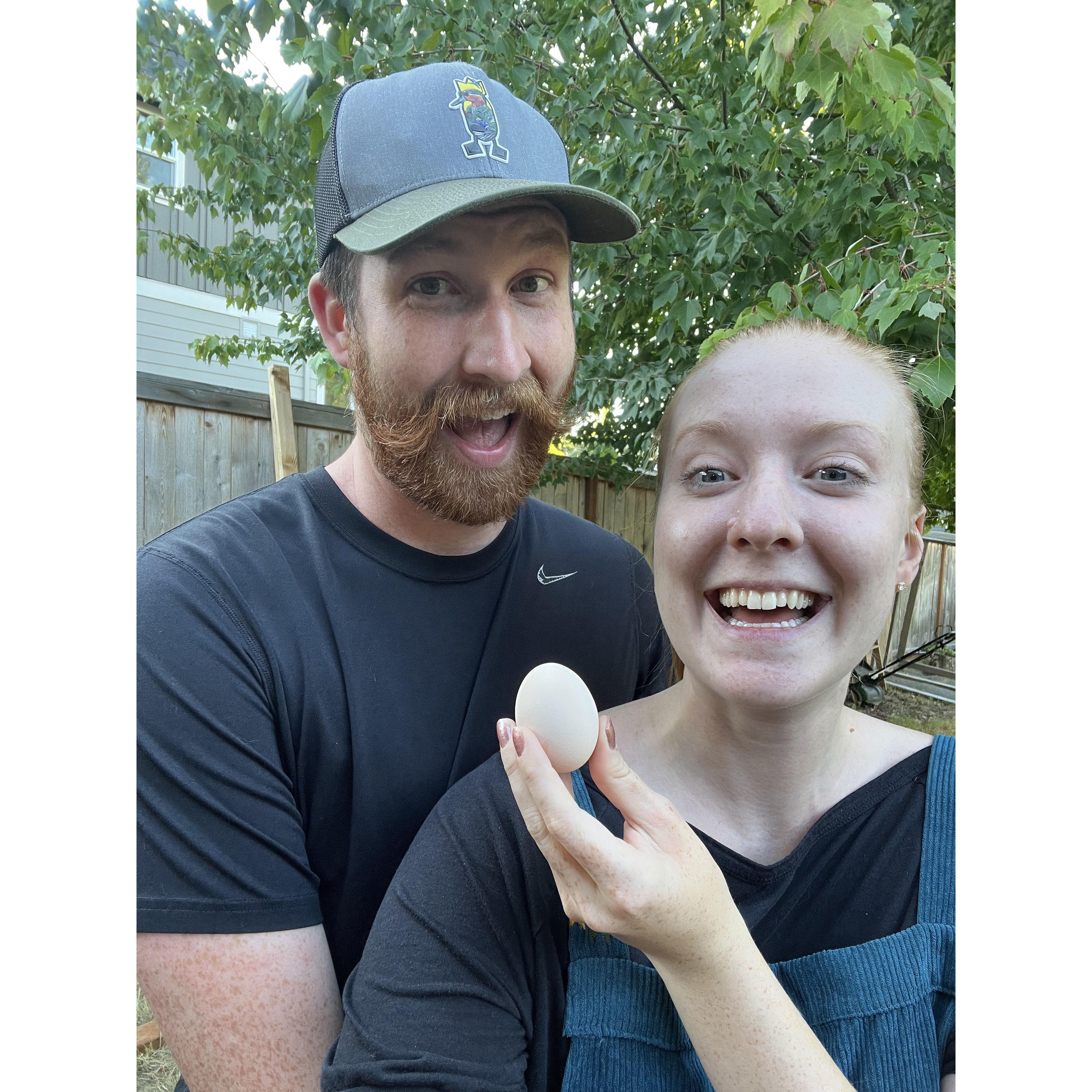 The ladies first egg! Our hens are named Cher, Milky, Tag-a-Long, and Muffin