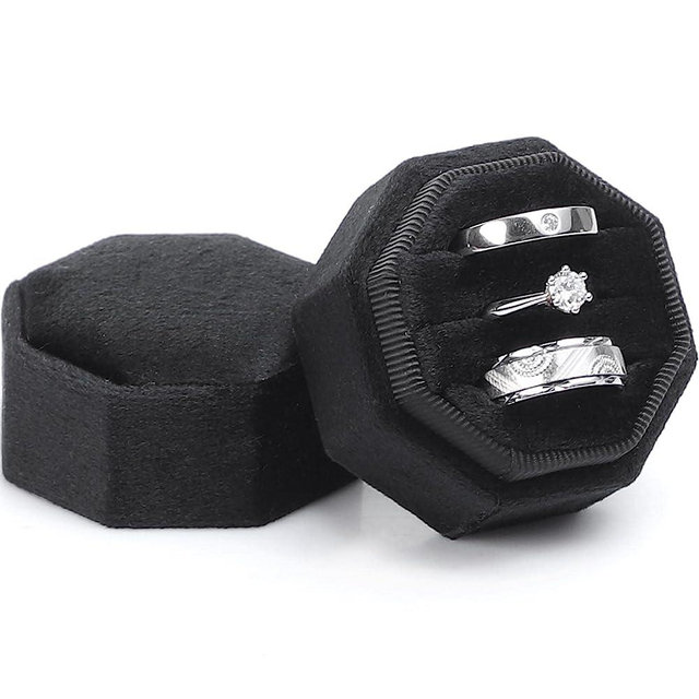 WantGor Velvet Ring Box, 3 Slots Jewelry Ring Gift Box Vintage Ring Display Holder Case for Wedding Ceremony Proposal Engagement (Black)