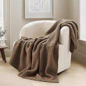 EVERGRACEHOME Chunky Chenille Knit Throw Blanket for Couch, Soft Luxurious Moss Stitch Blankets for Bed, Cozy Decorative Farmhouse Knitted Throws for Sofa, Camel Brown, 50" x 60"