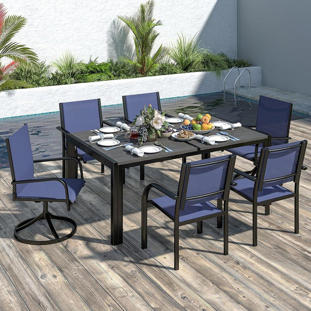 SEGMART 7-Piece Outdoor Patio Dining Set for 6, 59” Table with 4 Textilene Dining Chairs & 2 Swivel Chairs, Patio Furniture Set with Durable Metal Frame for Backyard Garden, Deck, and Poolside (Blue)