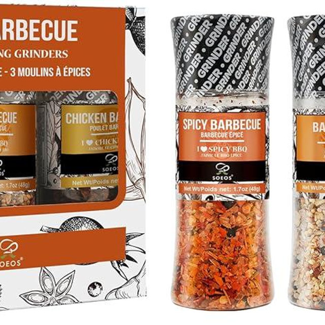 Soeos Spice Seasoning Set of 3, 5.2oz(146g), With Integrated Grinders, Salt and Pepper Grinder Set, Pure and Fresh Perfect for BBQ Seasoning Gift Set, Grilling Spice, Herb, Spice & Seasoning Gifts