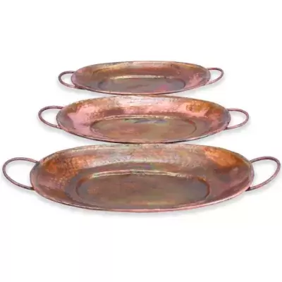 Ridge Road Décor 3-Piece Oval Hammered Iron Serving Tray Set in Copper