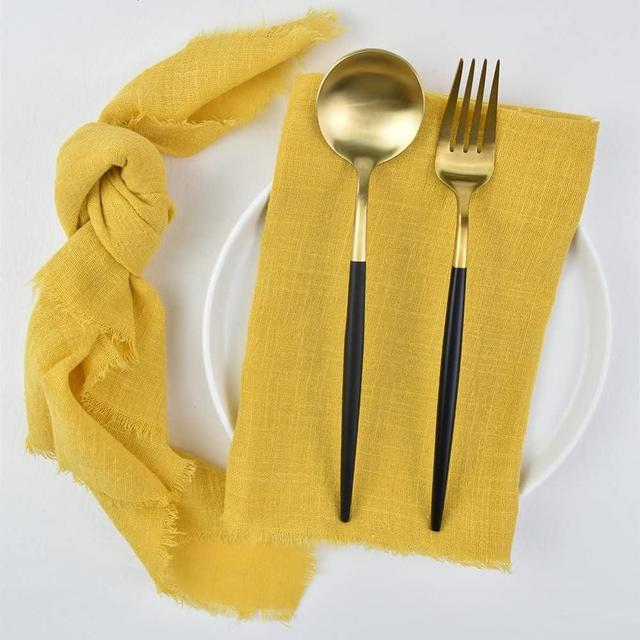 Joanlody Handmade Gauze Napkins 16.5x16.5 Inches Cotton Cloth Napkins with Fringe Rustic Dinner Napkins for Wedding Party Baby Shower Set of 10 Mustard Yellow