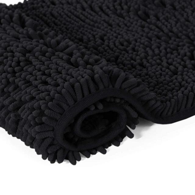 20x32 Bath Mat Non-Slip Bathroom Rug Shag Shower Mat Machine-Washable Bath Mats with Water Absorbent Soft Microfibers Chenille Plush Rugs - Black