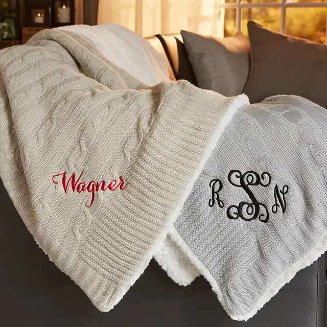 Kittenish Embroidered Cable Knit Throw Blanket