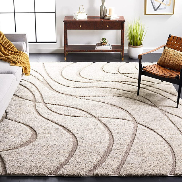 SAFAVIEH Florida Shag Collection SG471 Abstract Wave Non-Shedding Living Room Bedroom Dining Room Entryway Plush 1.2-inch Thick Area Rug, 6' x 9', Cream / Beige