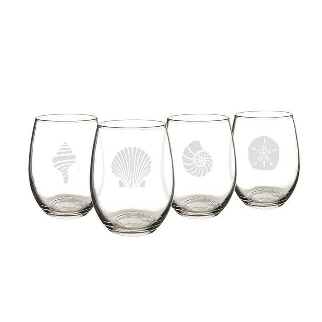 Cathy's Concepts SEA-1110 Seashell Stemless Wine Glasses – 4 Unique Designs, Holds Up to 21 oz., 4-Glass Set