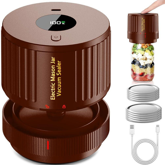 LOVE MOMENT Electric Mason Jar Vacuum Sealer Kit for Wide Mouth and Regular Mouth Mason Jar - Brown