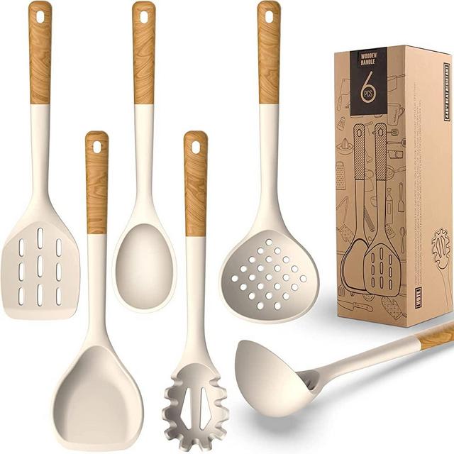 Large Silicone Cooking Utensils - Heat Resistant Kitchen Utensil Set with Wooden Handles, Spatula,Turner, Slotted Spoon, Pasta server, Kitchen Gadgets Tools Sets for Non-Stick Cookware (Khaki)