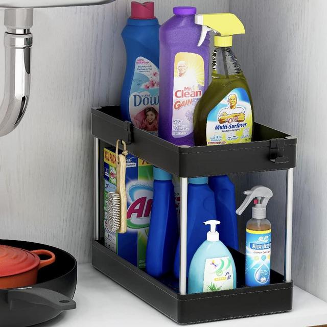 Under Sink Organizer, 2 Tier Bathroom Organizer with 4 Hooks, Multi-purpose Under Sink Storage, Countertop Storage Shelf Holder, Kitchen Spice Rack, Under Sink Storage for Bathroom Kitchen, Black