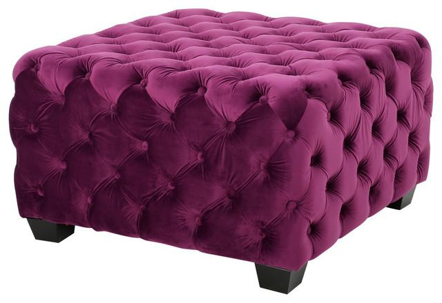 Provence Tufted Velvet Fabric Square Ottoman Bench, Fuchsia