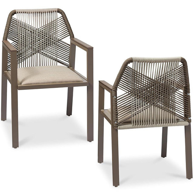 Best Choice Products Outdoor Dining Arm Chair Set of 2, Aluminum Frame with Armrest, All-Weather Woven Rope Chair Design -Taupe/Sandstorm