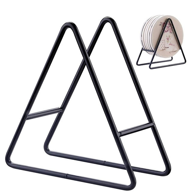2PC Kocent Triangle Coaster Holder Black Iron Metal Holder Storage Caddy for Both Round and Square Coasters Fit 4 to 9 Pieces Coasters,4.3 Inch