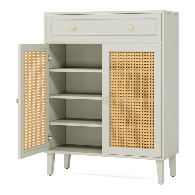 Tribesigns Shoe Cabinet with Drawer, Shoe Storage Cabinet with Adjustable Shelf, Rattan Shoe Organizer for Entryway, Hallway, Living Room, Green