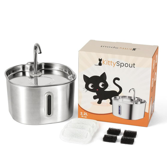 KittySpout Stainless Steel Cat Water Fountain Automatic Drinking Fountain, Quiet Circulating Water Bowl, Dishwasher Safe, Indoor Pet Fountain for Hydrated Healthy Cats (Stainless Steel, 2.2L Corded)