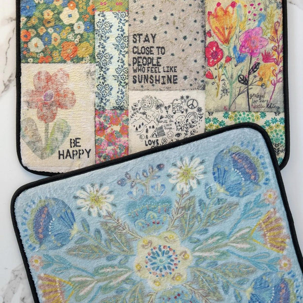 Reversible Dish Drying Mat - Dusty Blue Folk Flower
