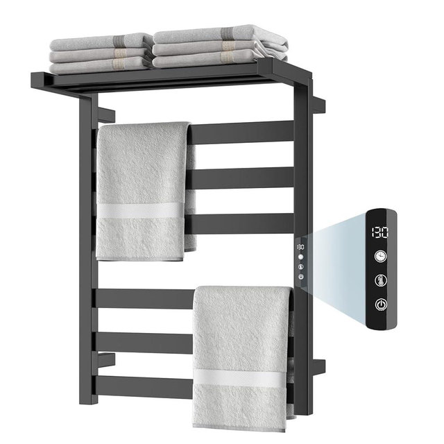 Chomolhari Tower Warmer Rack, 6 Bars Stainless Steel Wall Mounted Electric Heated Towel Rack for Bathroom, Built-in Timer, Hard-Wired & Plug in, Glossy Black