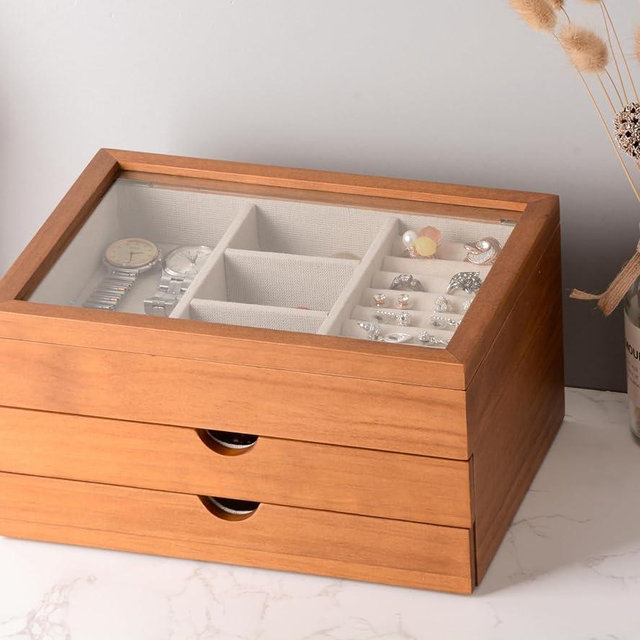 Clasin Home Jewelry Box with Glass Lid, 3 Layer Jewelry Organizer for Women, Solid Wooden Jewelry Box Display for Ring Earrings Necklace Bracelet, Pine Wood Jewelry Boxes Vintage Style for Gifts