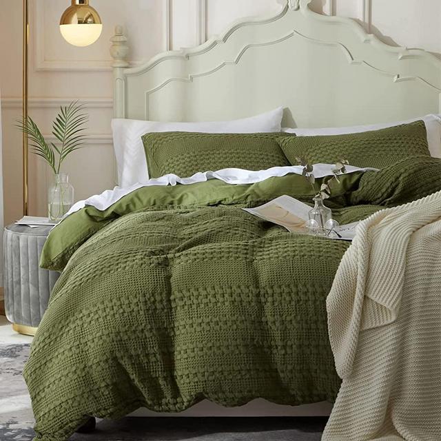 Ivellow Waffle Weave Duvet Cover Set 100% Cotton Duvet Cover King Textured Olive Sage Green Duvet Cover Cozy Soft Breathable King Duvet Cover Skin-Friendly Luxury Comforter Cover Bedding Set 90"x90"