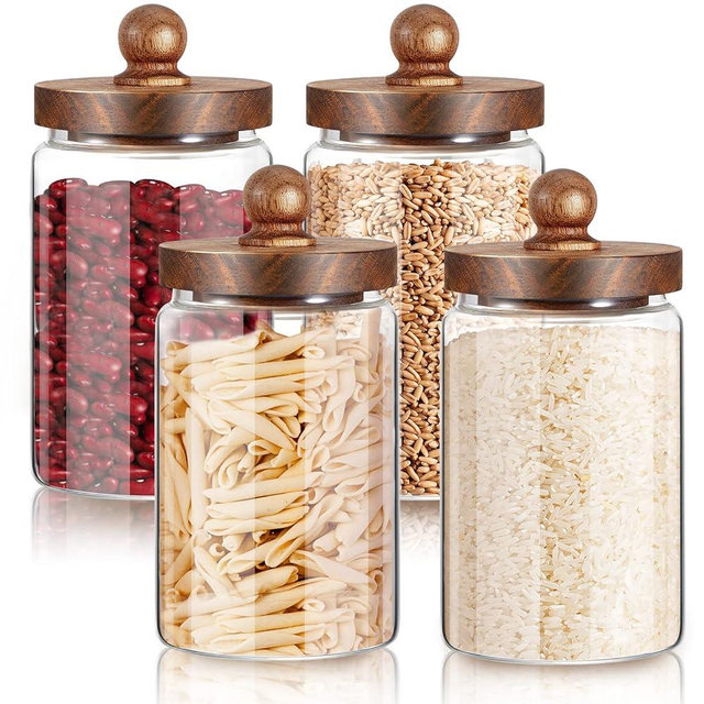 Gerrii 4 Pcs 32 oz Glass Food Storage Jar with Acacia Wood Lids Airtight Sealed Clear Glass Canisters Air Tight Glass Container Jar for Coffee Beans Nuts Loose Leaf Tea Sugar Spice Candy Rice Pasta