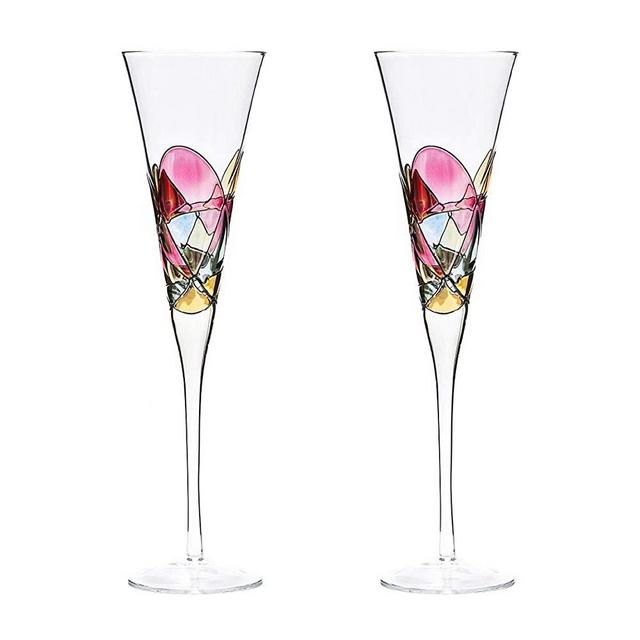 Antoni Barcelona Champagne Flute 7.5 Oz Unique Mouth Blown RED Line Hand Painted Beverage Amazing Gift Birthday Anniversary Wedding Woman Man (Set 2)