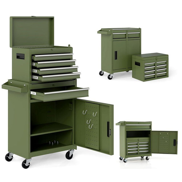 Goplus Tool Chest, 5 Drawers Rolling Tool Cabinet with Detachable Top Toolbox, Universal Lockable Wheels, Lock Bar, Protective Liner & Tool Rack, Metal Tool Storage Cart, Tool Box for Garage Workshop