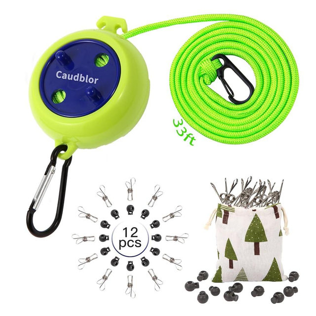 Portable Travel Clothesline Cord, Caudblor Adjustable 33ft Camping Clothes line, Laundry Drying Rope for Hotel Trip, Cruise, Outdoor/Indoor, with 12Pcs Stoppers, Windproof Clothespins