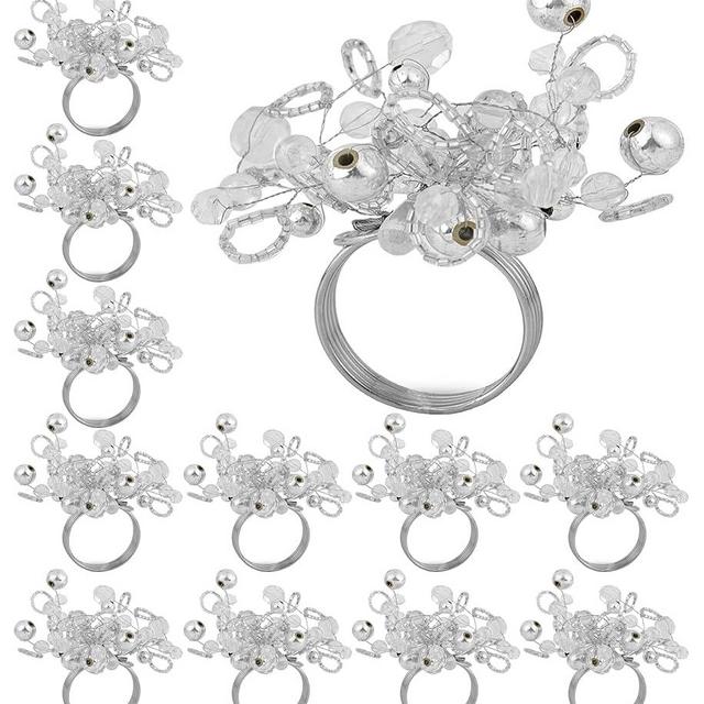CLEENTABLE Napkin Ring Set of 12 Handmade Glass Beads Silver Napkin Rings for Table Setting Elegant Dining Accessories 1.5" Round Iron Frame Decorative Wedding & Party Table Décor