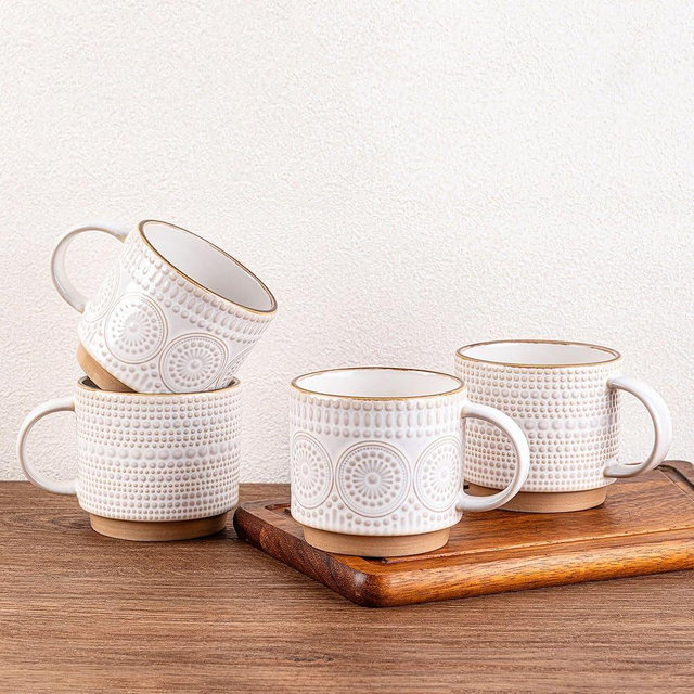 GBHOME 12OZ Stackable Coffee Mugs, Ceramic Coffee Mugs with Texture Patterns for Man,Woman,Dad,Mom, Modern Coffee Mugs Set of 4 for Latte/Cappuccino/Cocoa. Dishwasher&Microwave Safe