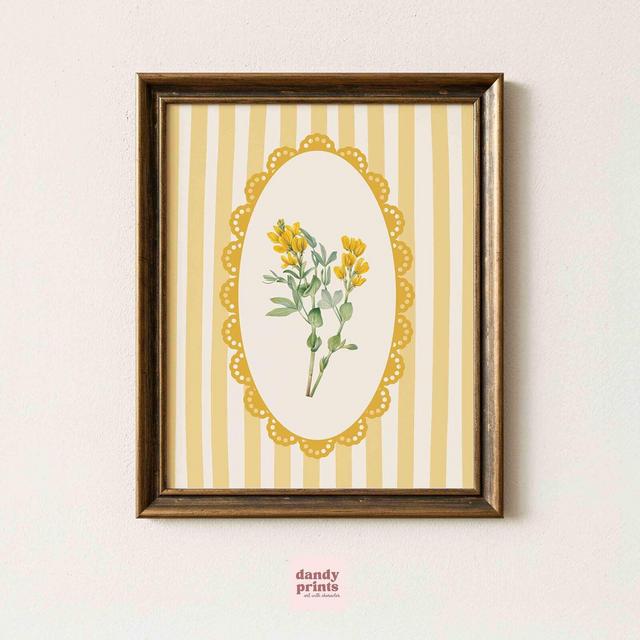 botanical print floral art, cottage core home decor, yellow floral print, printable instant downloadable farmhouse decor, striped wall art